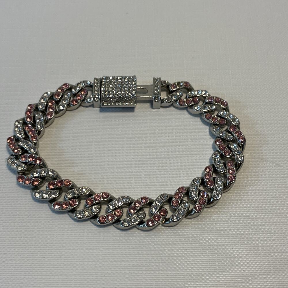 Iced Out Pink Cuban Link Bracelet Two Tone Silver Fashion